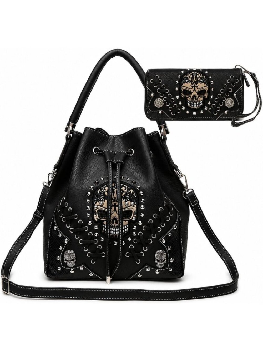 Chic Skull Bucket Bag with Matching Wallet for Women - Trendy Fashion Accessory